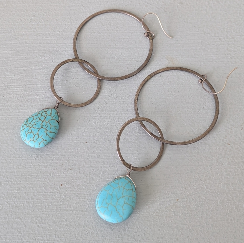 Handmade blue stone hoop drop earrings